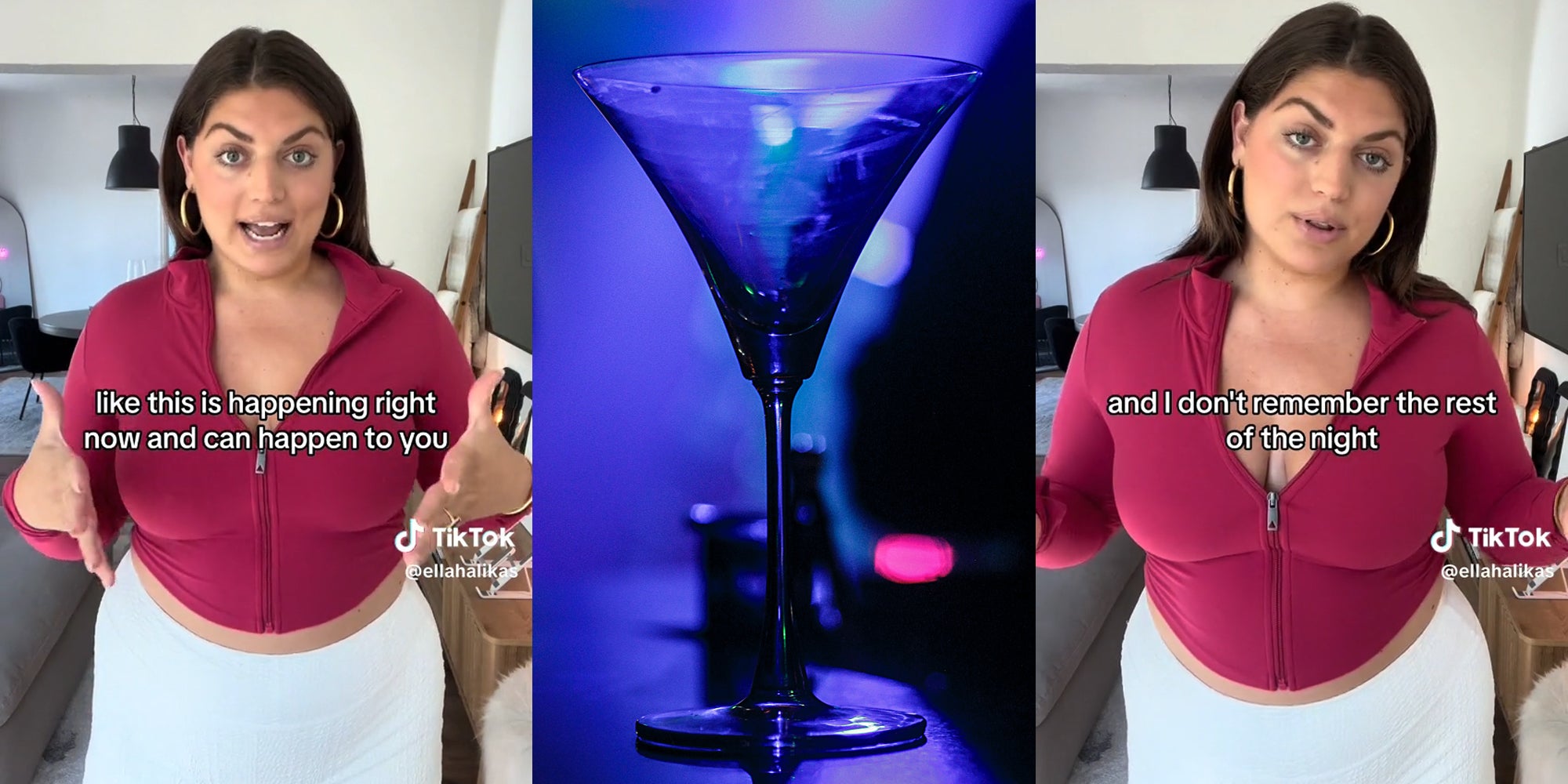 young woman with caption 'like this is happening right now and can happen to you' (l) drink on bar (c) young woman with caption 'and I don't remember the rest of the night' (r)