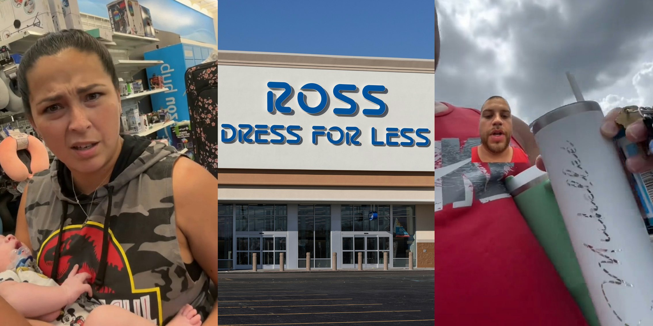 Ross customer holding baby (l) Ross Dress For Less building with sign (c) Ross customer greenscreen TikTok over video of him walking into store with cups (r)