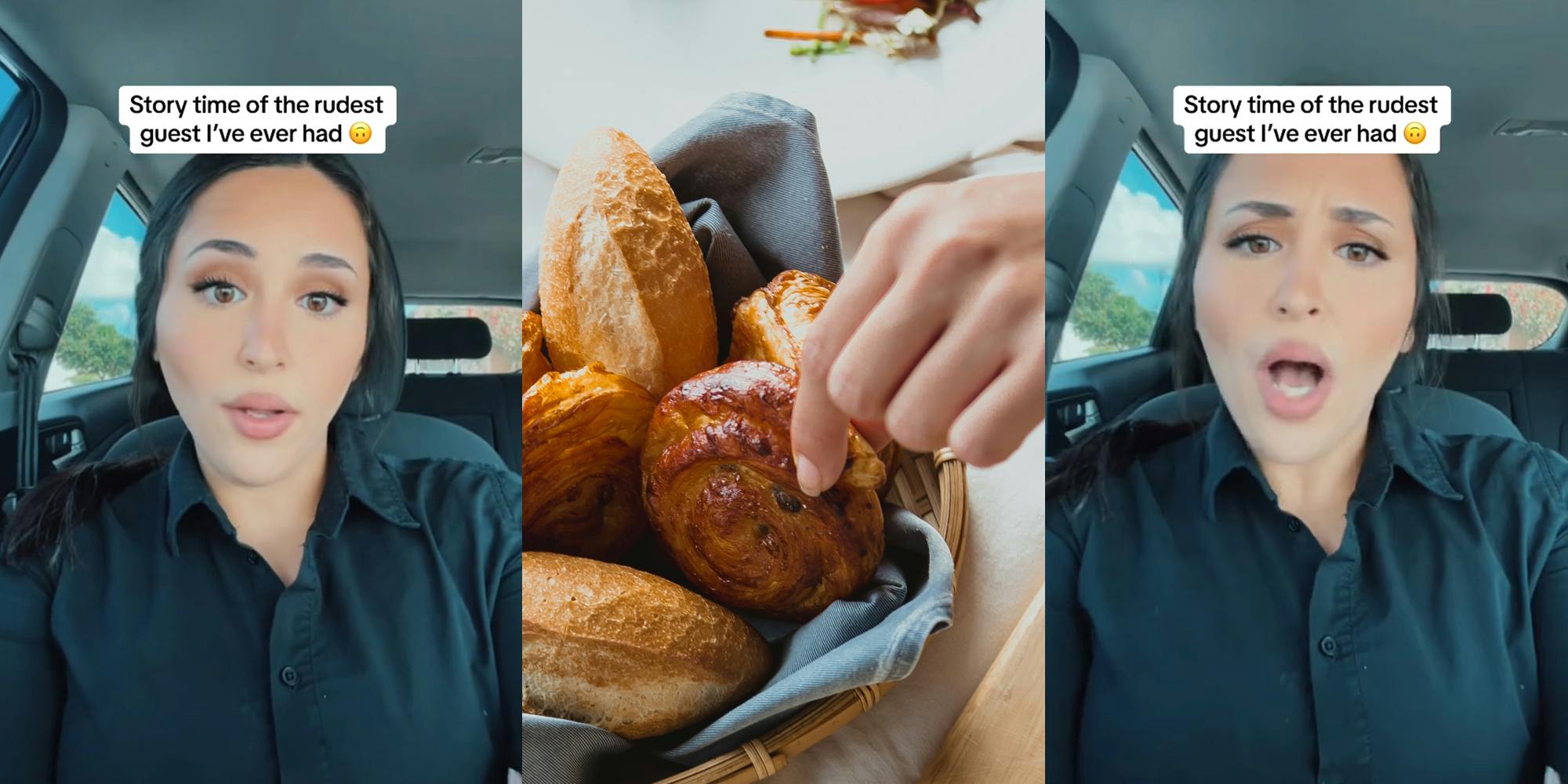 server speaking in car with caption "Story time of the rudest guest I've ever had" (l) hand reaching into bread basket on table (c) server speaking in car with caption "Story time of the rudest guest I've ever had" (r)