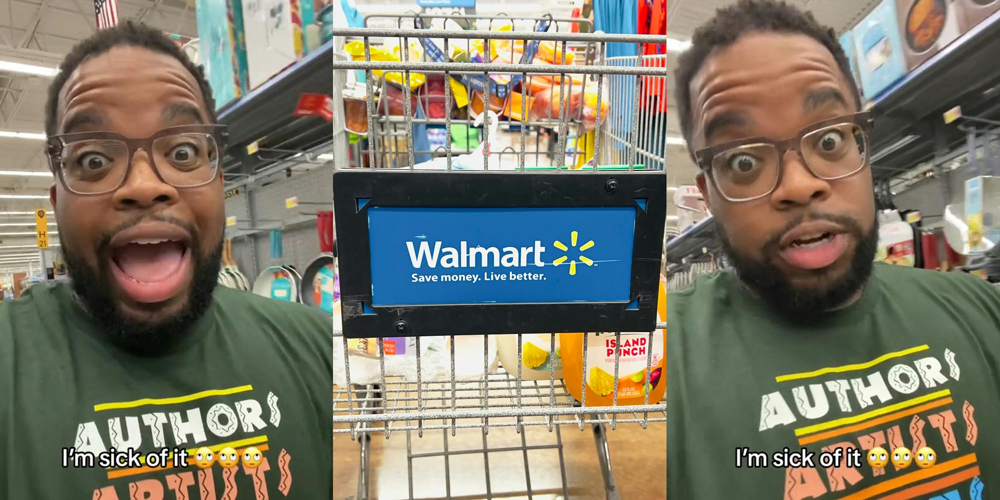 Walmart shopper speaking with caption "I'm sick of it" (l) Walmart cart in aisle with logo (c) Walmart shopper speaking with caption "I'm sick of it" (r)