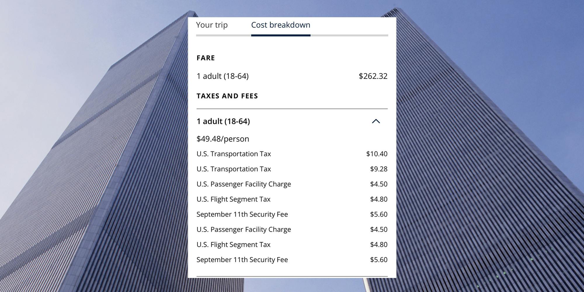 World Trade Center buildings with "Cost breakdown" of Fare, Taxes and Fees, including two "September 11th Security Fee $5.60"