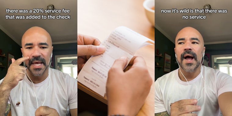 coffee shop customer speaking with caption 'there was a 20% service fee that was added to the check' (l) hands holding bill at coffee shop table (c) coffee shop customer speaking with caption 'now it's wild is that there was no service' (r)