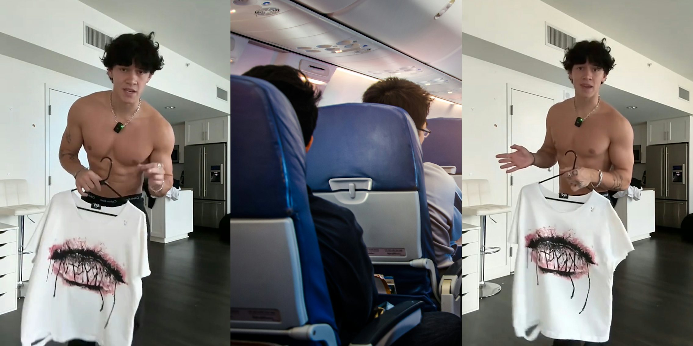 man speaking holding shirt (l) passengers sitting on plane (c) man speaking holding shirt (r)