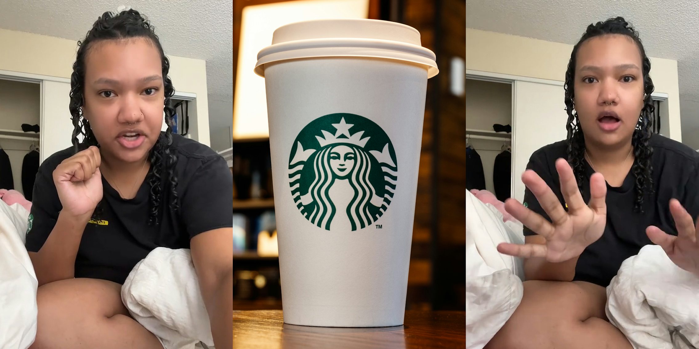 former Starbucks barista speaking (l) Starbucks coffee in branded cup (c) former Starbucks barista speaking (r)