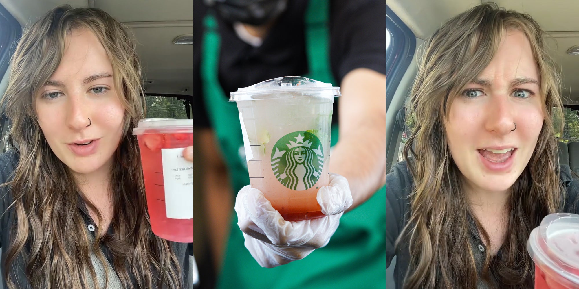 Starbucks customer speaking in car with drink (l) Starbucks barista with drink (c) Starbucks customer speaking in car with drink (r)