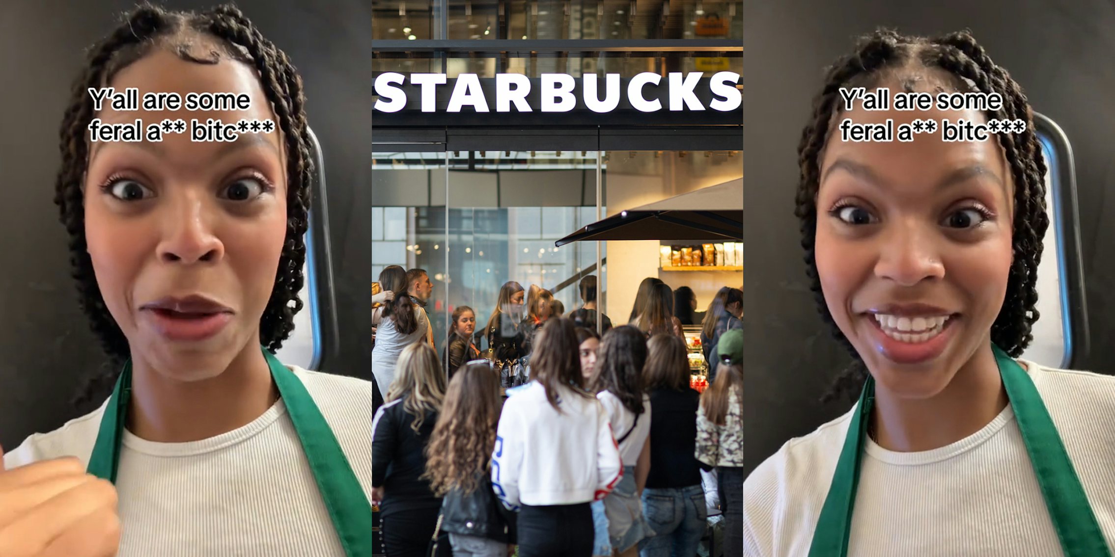 Starbucks barista speaking with caption 'Y'all are some feral a** bitc***' (l) Starbucks sign with line of people waiting to get in (c) Starbucks barista speaking with caption 'Y'all are some feral a** bitc***' (r)