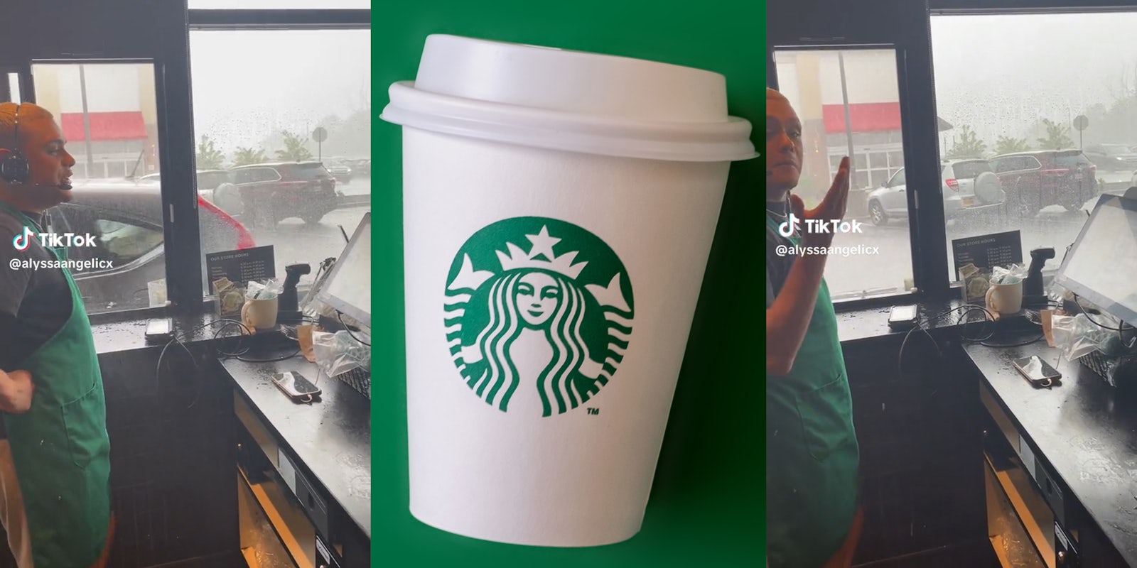 man in drive thru window with rain spraying into Starbucks (l&r) Starbucks cup with logo (c)