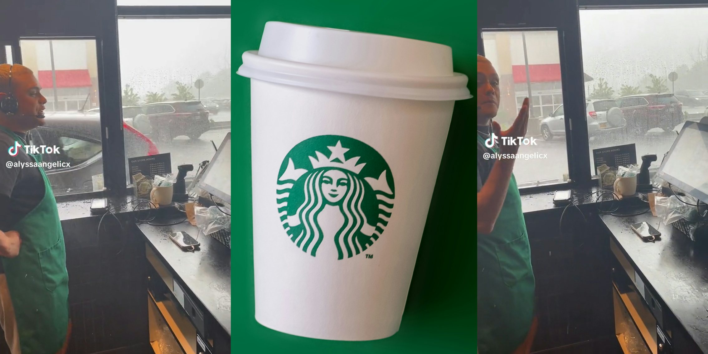 man in drive thru window with rain spraying into Starbucks (l&r) Starbucks cup with logo (c)