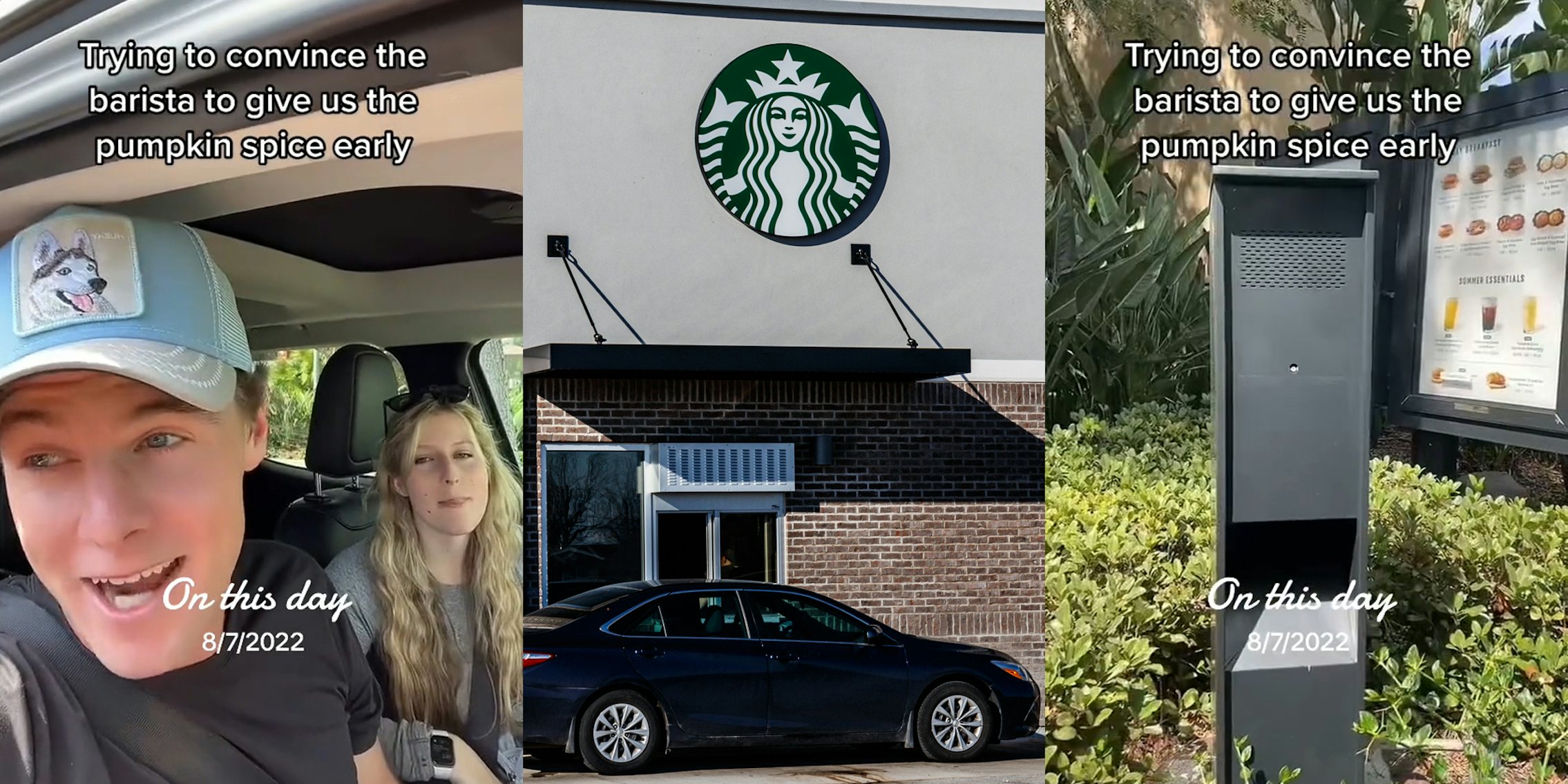 customers in truck at Starbucks drive thru speaker with caption 'Trying to convince the barista to give us the pumpkin spice early' (l) Starbucks drive thru with sign (c) Starbucks drive thru speaker with caption 'Trying to convince the barista to give us the pumpkin spice early' (r)