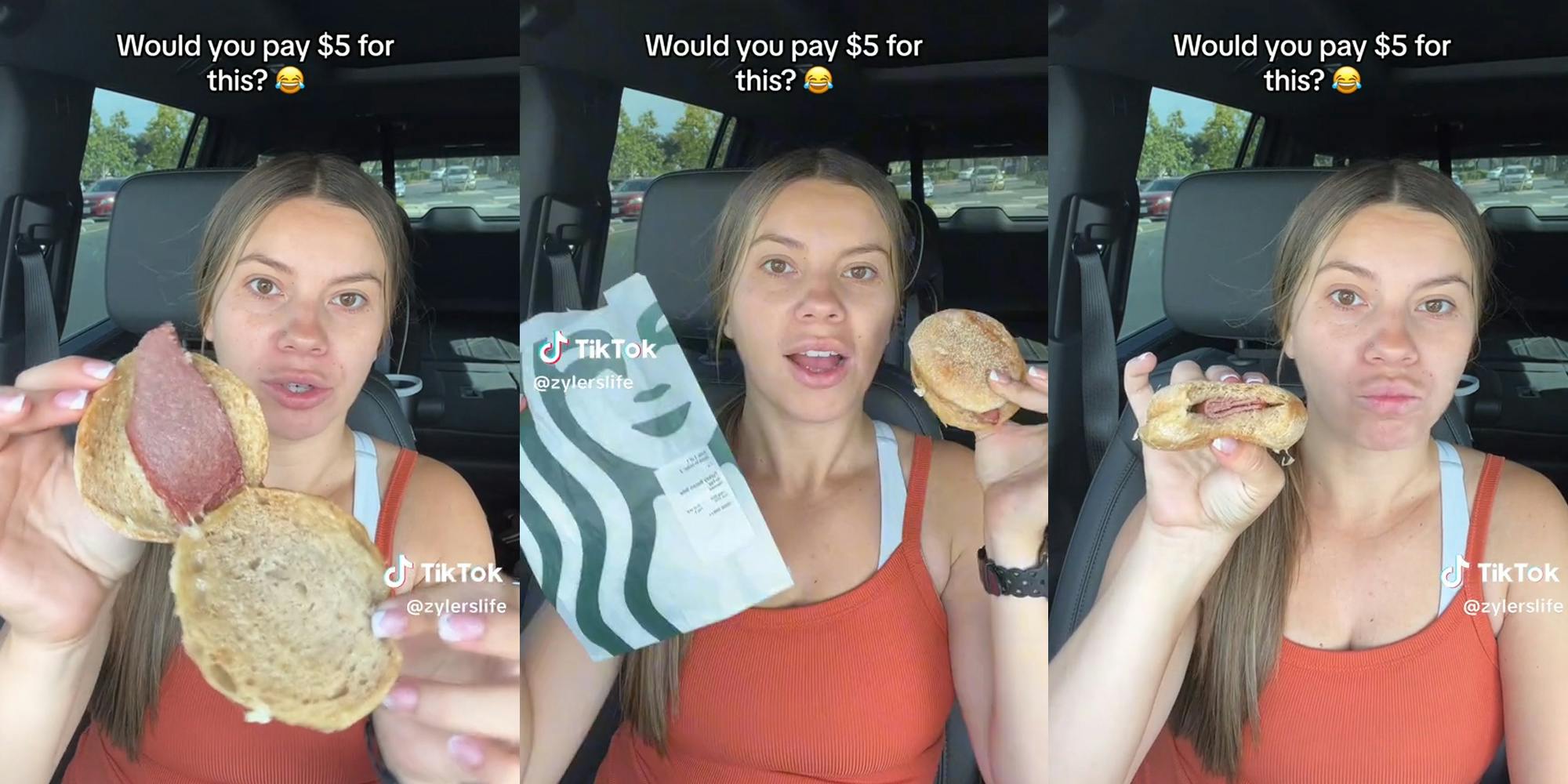 young woman showing "sandwich" of english muffin and one slice of turkey bacon from Starbucks