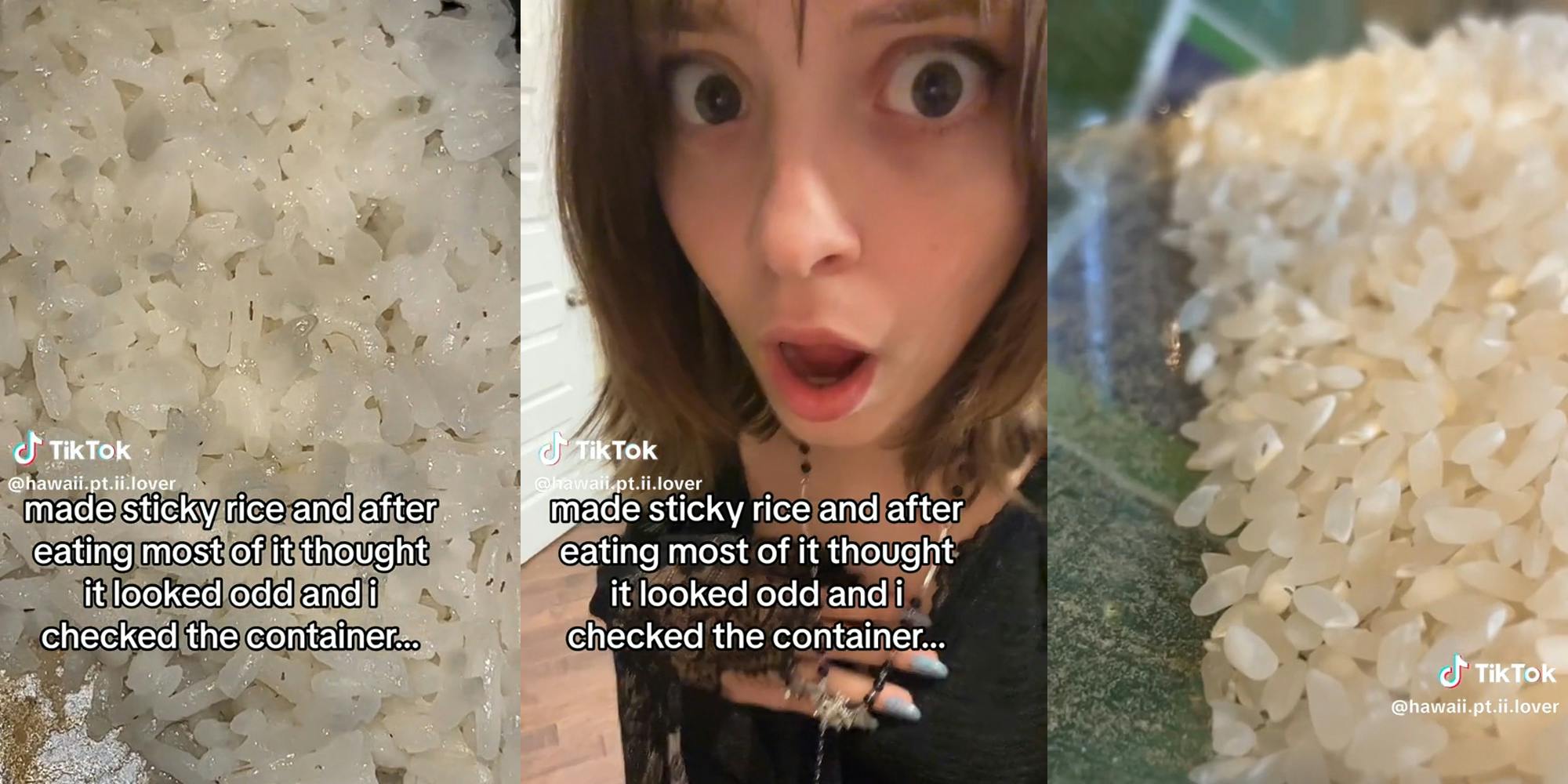 sticky rice with gray spots (l) shocked young woman (c) rice with bugs crawling on it (r) all captioned "made sticky rice and after eating most of it thought it looked odd and i checked the container.."