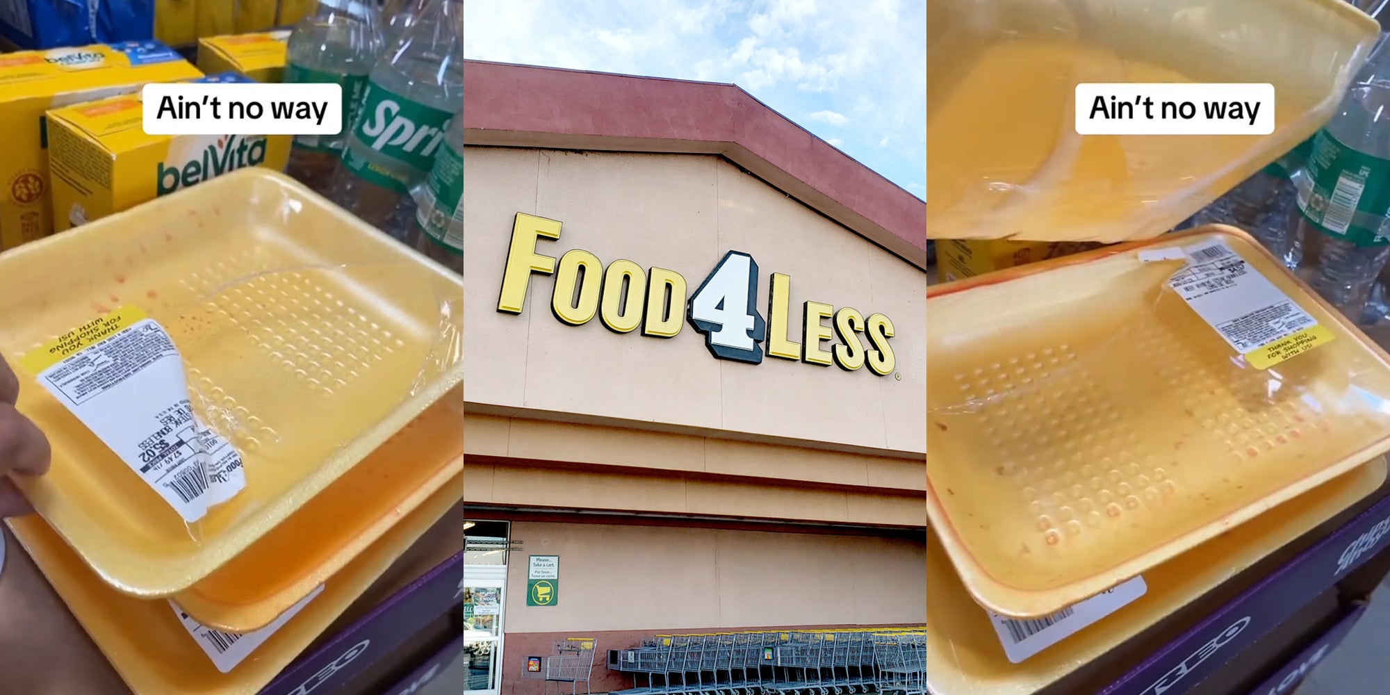 Food 4 Less employee lifting top empty meat package from pile with caption 'Ain't no way' (l) Food4Less building with sign (c) Food 4 Less employee lifting top empty meat package from pile with caption 'Ain't no way' (r)