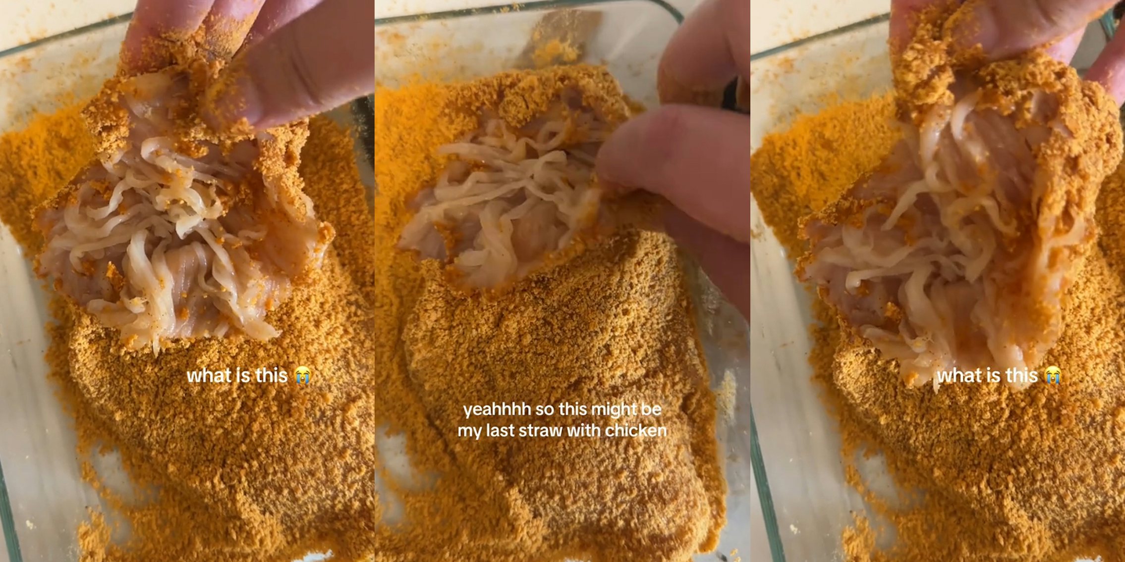 hand holding flap of cut chicken breaded in bowl with caption 'what is this' (l) hand holding flap of cut chicken breaded in bowl with caption 'yeahhh so this might be my last straw with chicken' (c) hand holding flap of cut chicken breaded in bowl with caption 'what is this' (r)