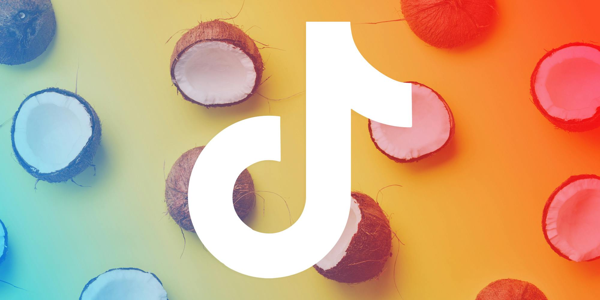 TikTok coconut challenge: white logo over coconuts blue yellow and red background