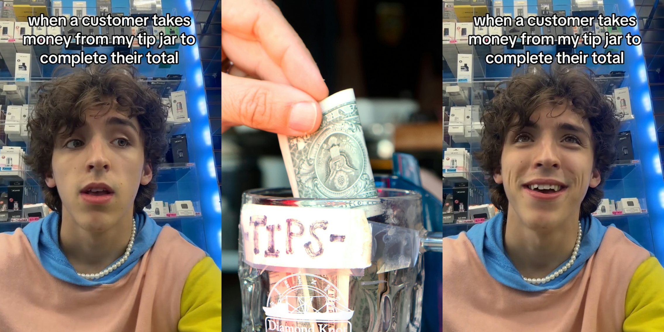worker speaking with caption 'when a customer takes money from the tip jar to complete their total' (l) customer taking money from tip jar (c) worker speaking with caption 'when a customer takes money from the tip jar to complete their total' (r)