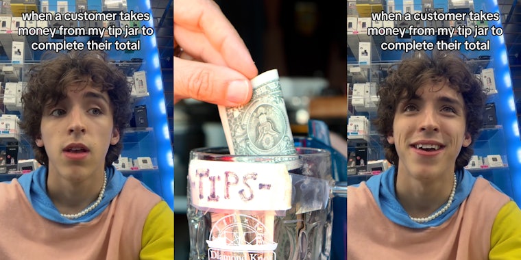 worker speaking with caption 'when a customer takes money from the tip jar to complete their total' (l) customer taking money from tip jar (c) worker speaking with caption 'when a customer takes money from the tip jar to complete their total' (r)