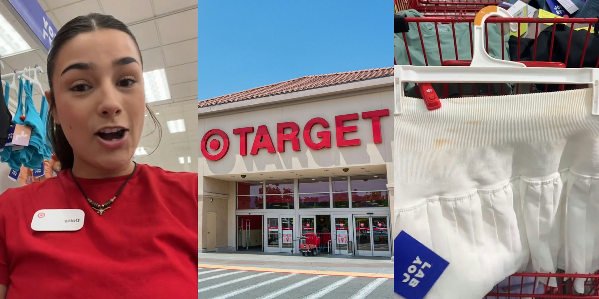 Target employee speaking (l) Target building with sign (c) Target skirt on hanger with stains on it (r)