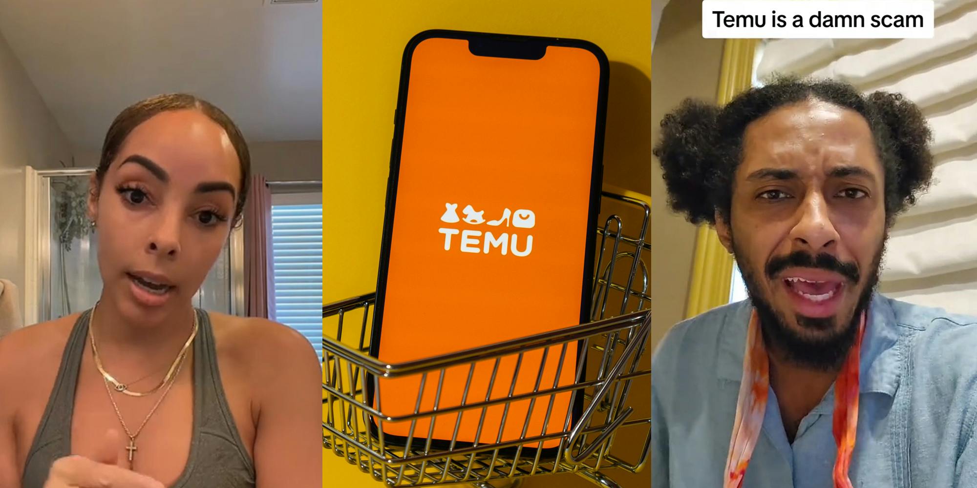 Temu customer speaking (l) Temu app on phone screen in shopping cart in front of yellow background (c) Temu customer's son speaking with caption "Temu is a damn scam" (r)