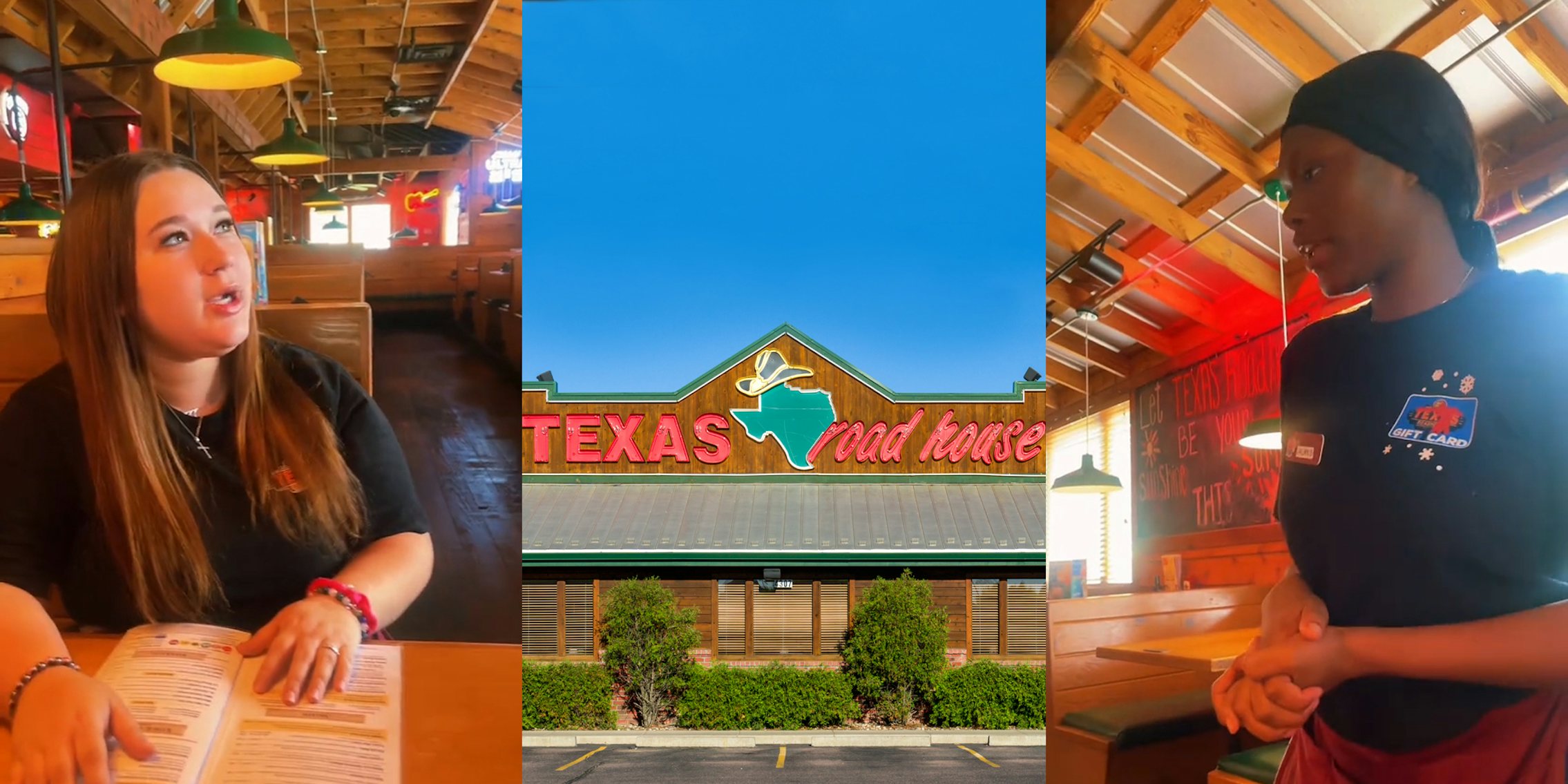 Texas Roadhouse server sitting at booth (l) Texas Roadhouse building with sign and blue sky (c) Texas Roadhouse server speaking (r)