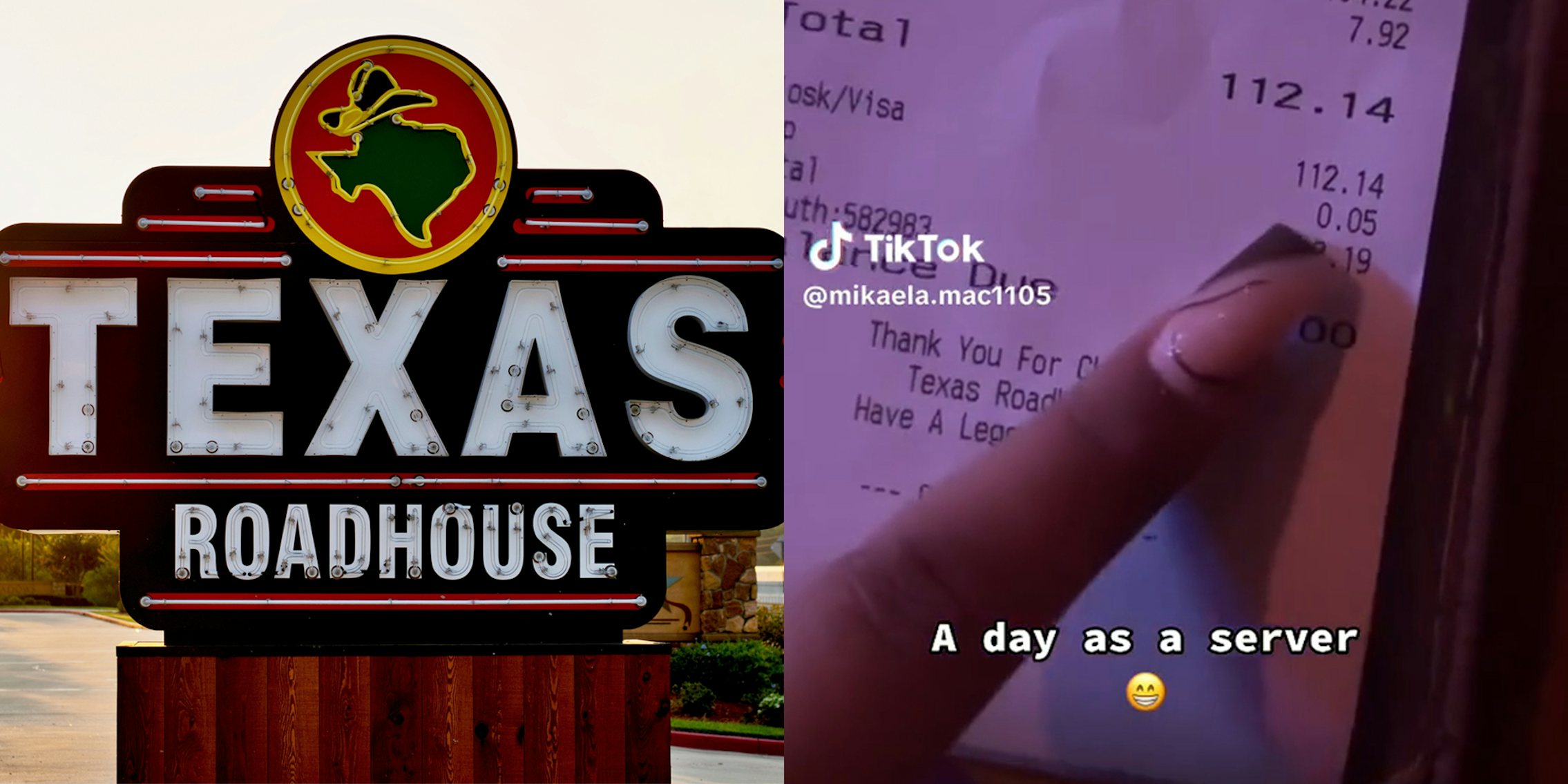 Texas Roadhouse sign (l) woman pointing to $.05 tip (r)