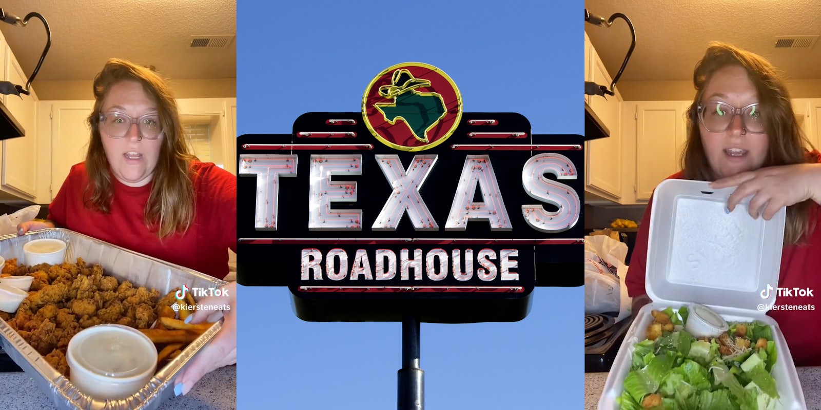 woman showing Texas Roadhouse food