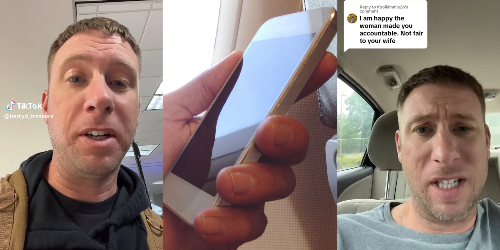 man in airport (l) hand holding phone on airplane (c) man in car with caption 'I am happy the woman made you accountable. Not fair to your wife' (r)