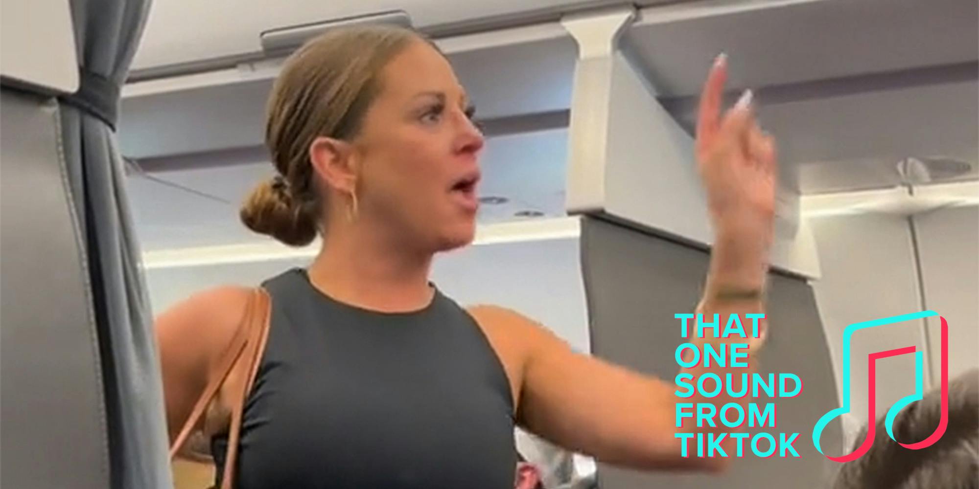 woman on airplane pointing with "that one sound from tiktok" logo