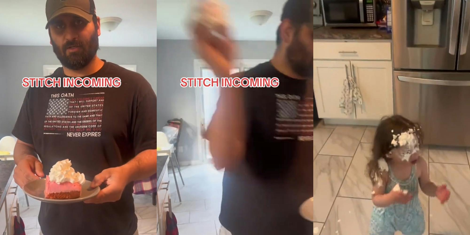 man holding cake with caption "STITCH INCOMING" (l) man throwing cake with caption "STITCH INCOMING" (c) little girl covered in cake in kitchen (r)