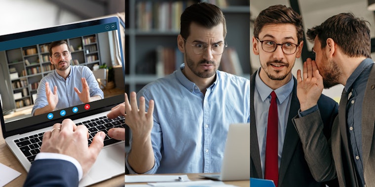 man doing interview on zoom call on laptop (l) man angry at laptop (c) man gossiping to coworker (r)