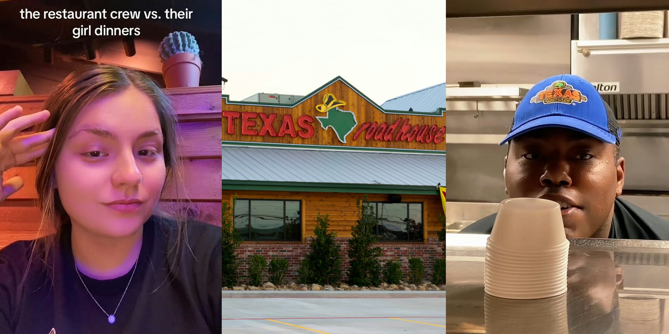 Texas Roadhouse worker with caption 'the restaurant crew vs. their girl dinners' (l) Texas Roadhouse building with sign (c) Texas Roadhouse worker speaking (r)