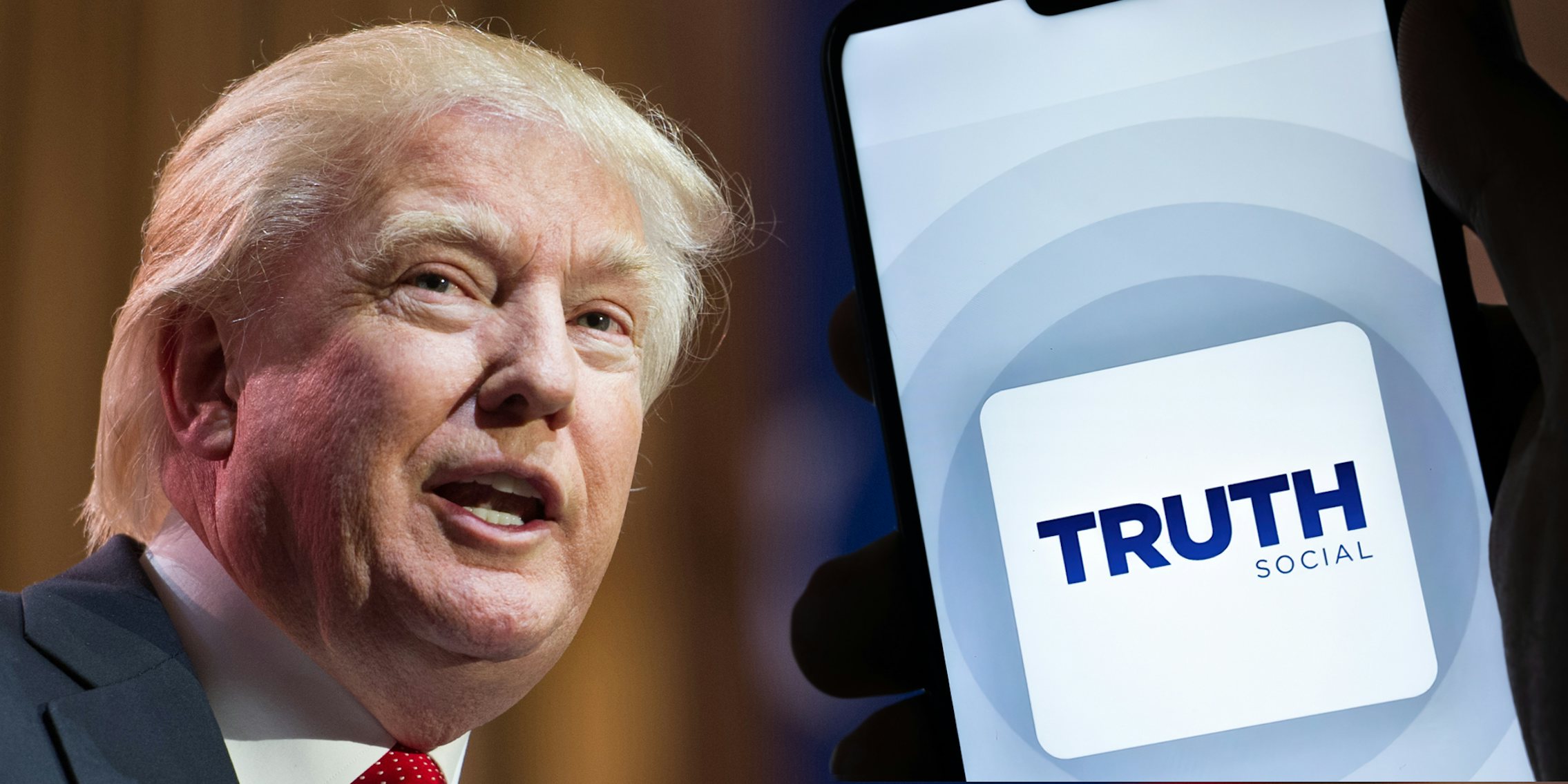 Donald Trump with hand silhouette holding phone with Truth Social on screen