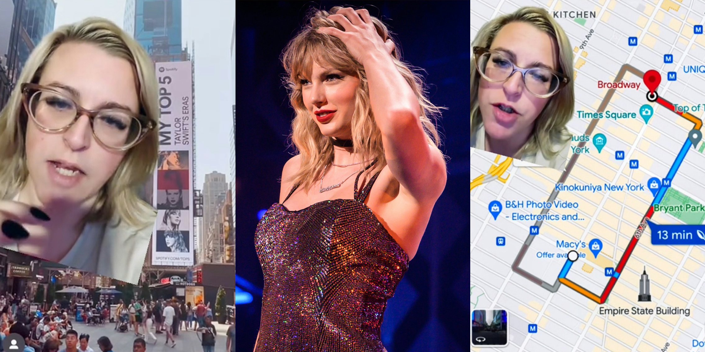 Taylor Swift fan greenscreen TikTok in front of Taylor Swift billboard (l) Taylor Swift in front of blue and purple background (c) Taylor Swift fan greenscreen TikTok in front of map (r)