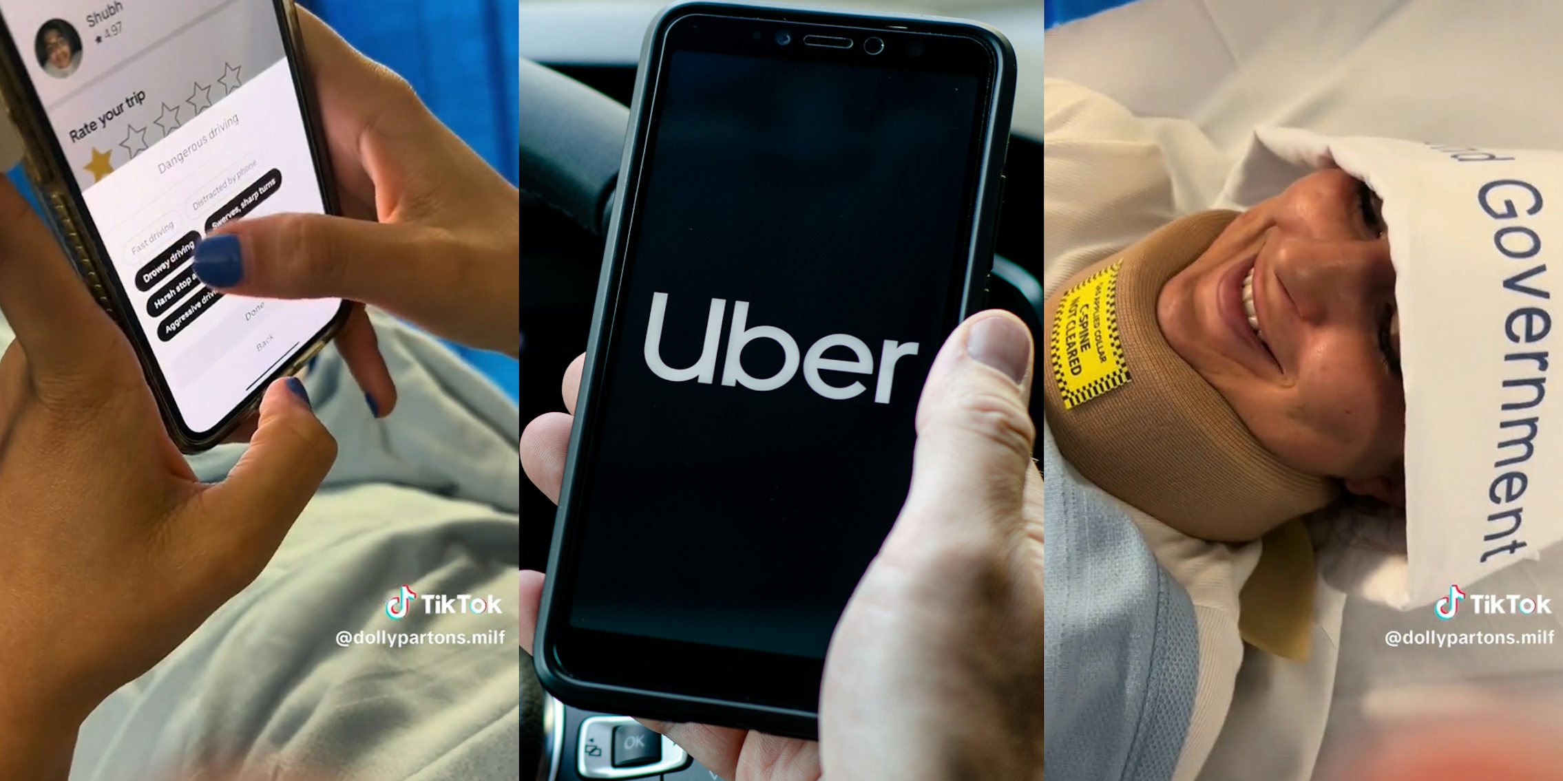 young woman rating Uber driver from hospital bed