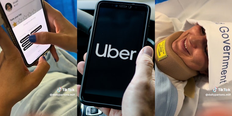 young woman rating Uber driver from hospital bed