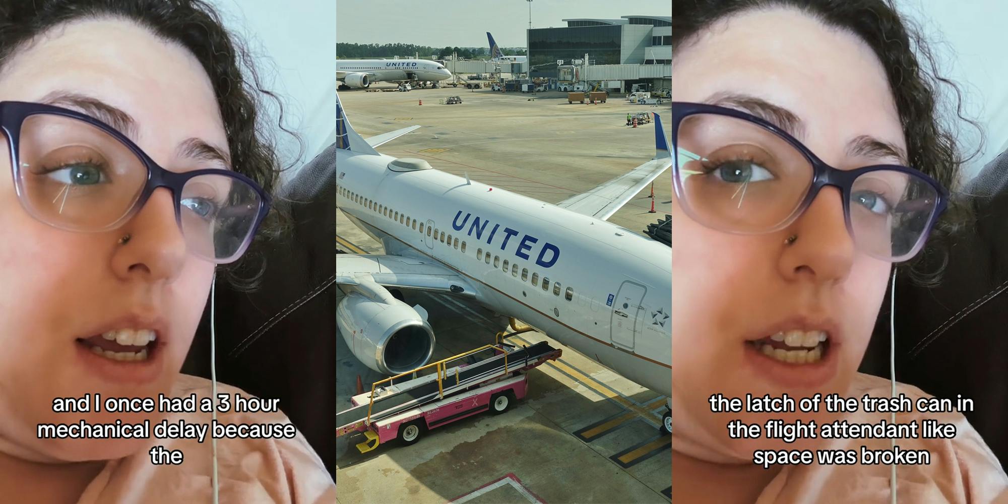 former United Airlines gate agent speaking with caption "and I once had a 3 hour mechanical delay because the" (l) United Airlines plane in runway (c) former United Airlines gate agent speaking with caption "the latch of the trash can in the flight attendant like space was broken" (r)