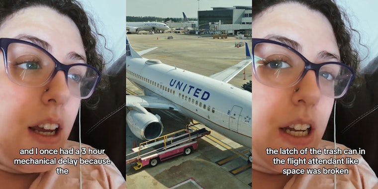 former United Airlines gate agent speaking with caption 'and I once had a 3 hour mechanical delay because the' (l) United Airlines plane in runway (c) former United Airlines gate agent speaking with caption 'the latch of the trash can in the flight attendant like space was broken' (r)