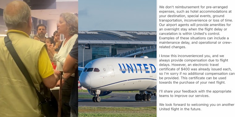 United Airlines passenger speaking to worker at desk (l) United Airlines plane in runway (c) United Airlines message (r)