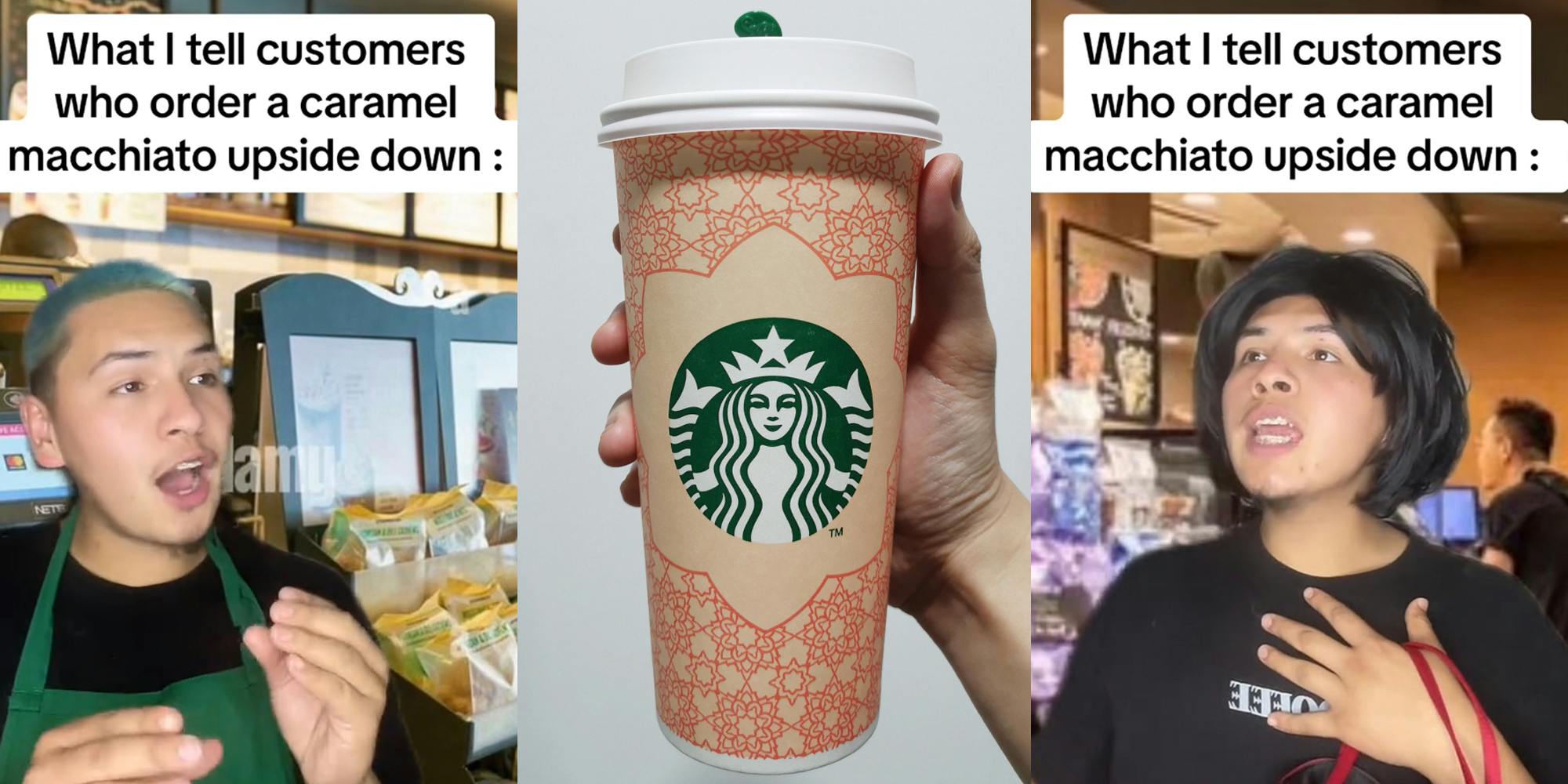 Starbucks barista greenscreen TikTok over image of coffee shop with caption "What I tell customers who order a caramel macchiato upside down:" (l) hand holding Starbucks hot drink in front of white (c) Starbucks barista greenscreen TikTok over image of coffee shop with caption "What I tell customers who order a caramel macchiato upside down:" (r)