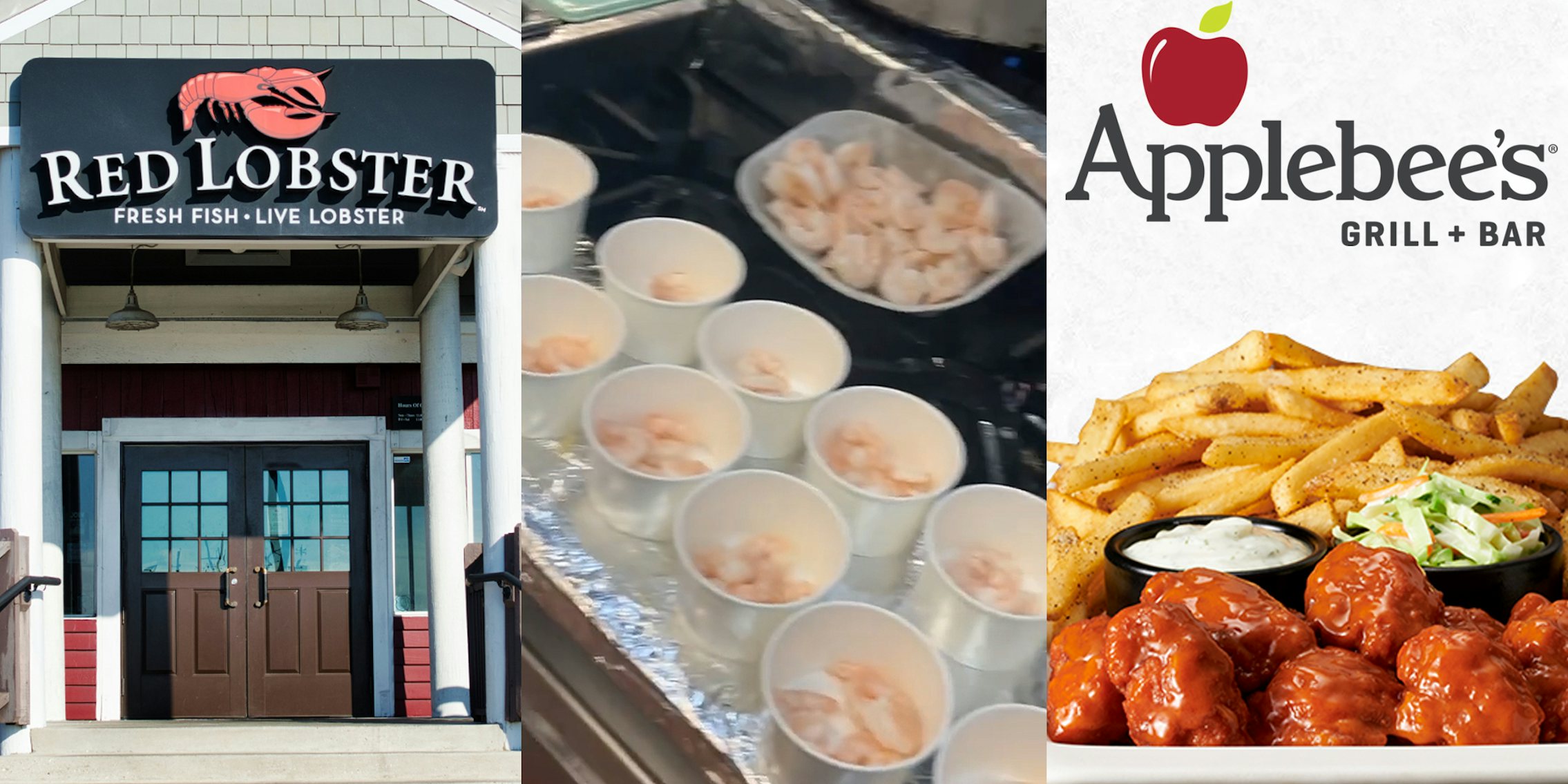 Red Lobster building with sign (l) Red Lobster shrimp in cups (c) Applebee's logo with boneless wings and fries on plate (r)