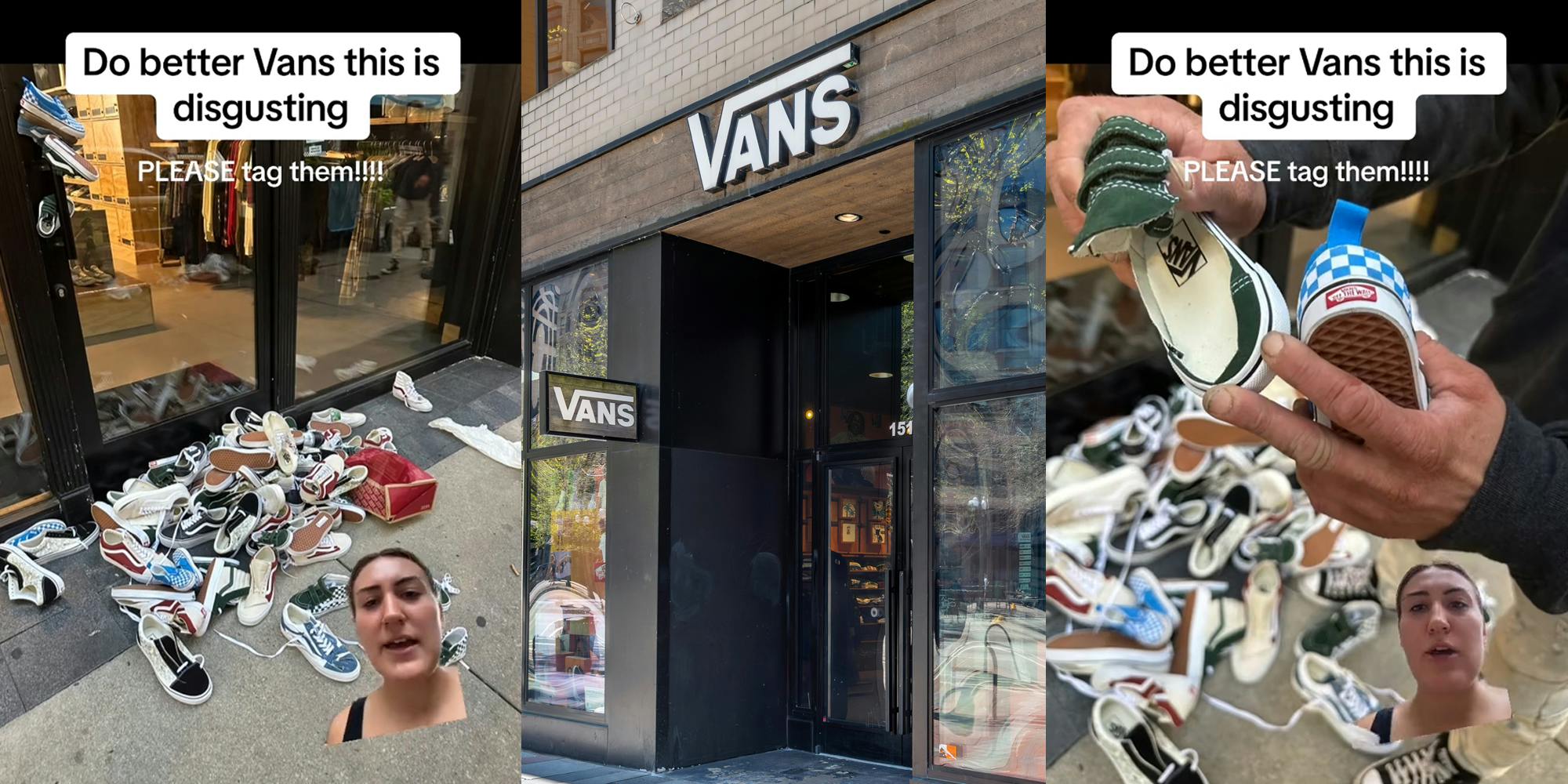 woman greenscreen TikTok over image of Vans shoes outside storefront with caption "Do better Vans this is disgusting PLEASE tag them!!!!" (l) Vans store with signs (c) woman greenscreen TikTok over image of Vans shoes slashed in hands outside storefront with caption "Do better Vans this is disgusting PLEASE tag them!!!!" (r)