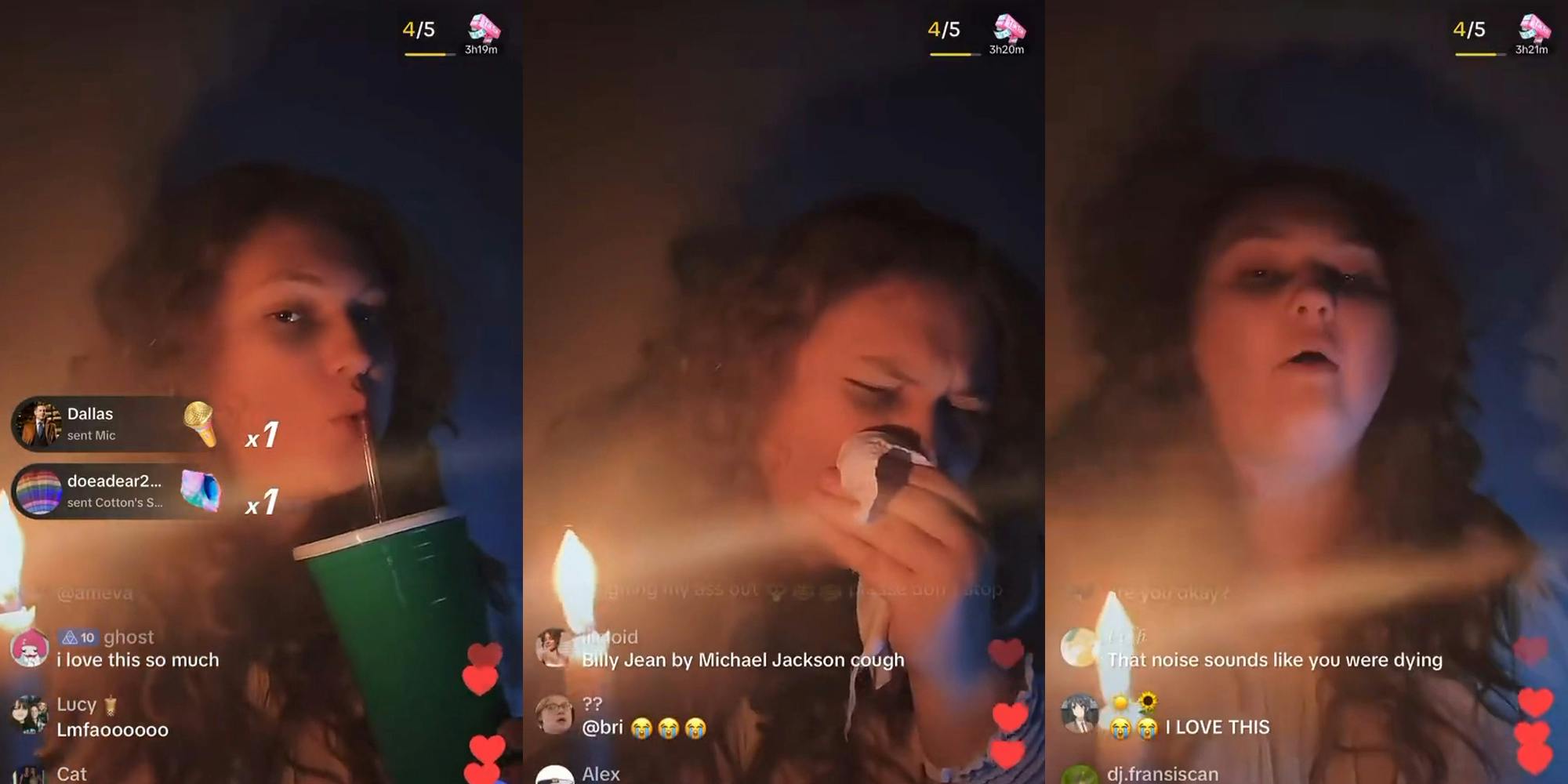 woman pretending to be Victorian child in TikTok live drinking drink (l) woman pretending to be Victorian child in TikTok live holding tissue up to face (c) woman pretending to be Victorian child in TikTok live (r)