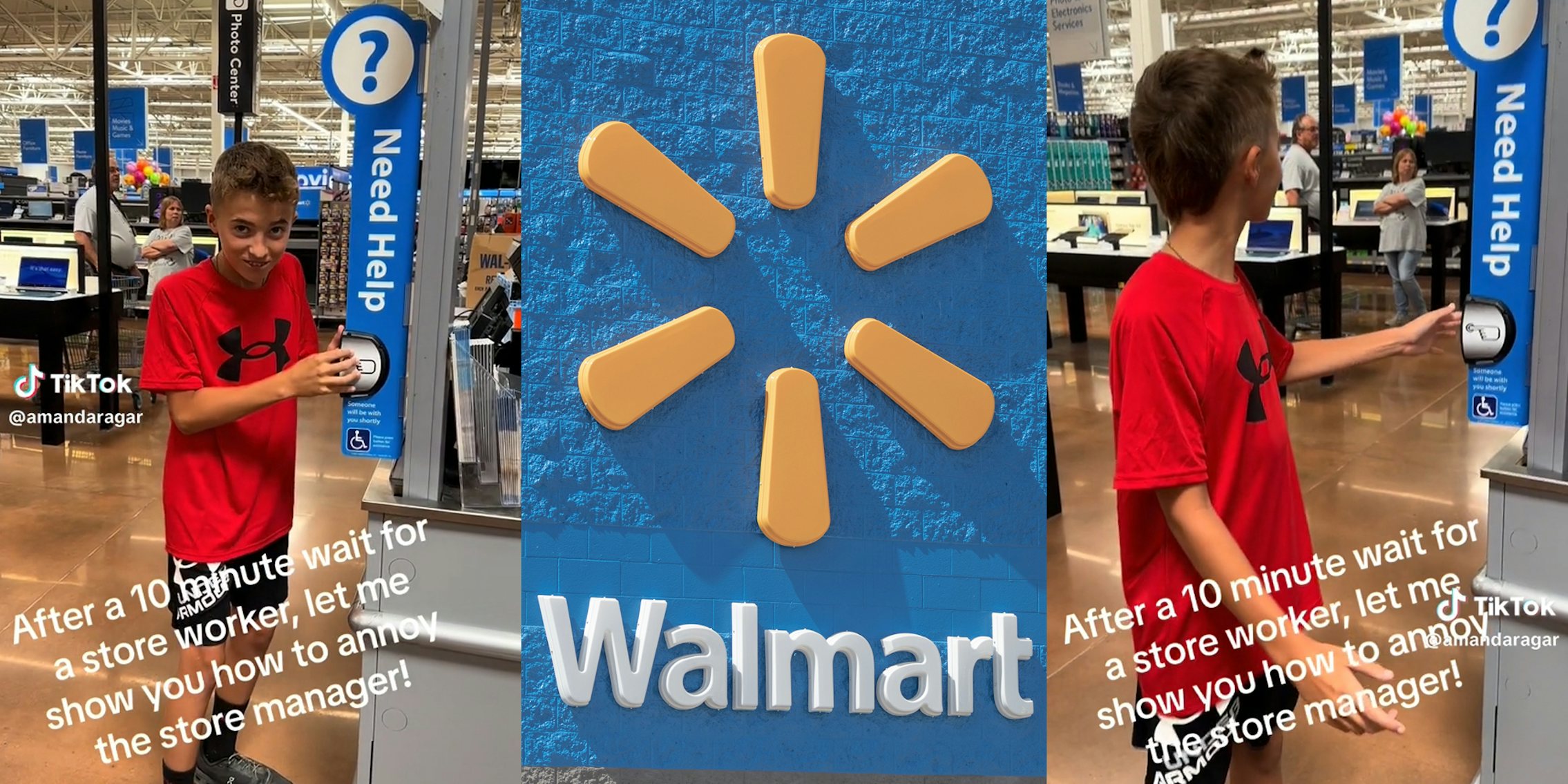boy in Walmart pressing 'Need Help' button with caption 'After a 10 minute wait for a store worker, let me show you how to annoy the store manager!' (l&r) Walmart logo on building (c)