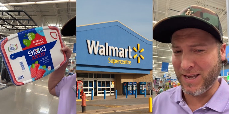 Walmart customer holding Dixie disposable cutting boards (l) Walmart building with sign (c) Walmart customer speaking (r)
