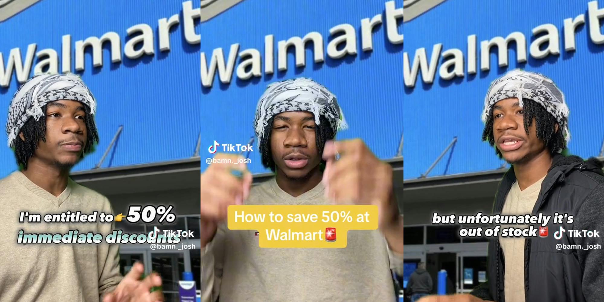 man in front of Walmart with caption "How to save 50% at Walmart"