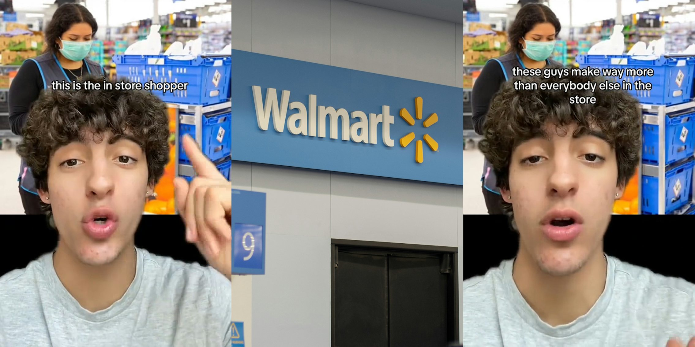 former Walmart employee speaking over image of in store shopper with caption 'this is the in store shopper' (l) Walmart interior sign (c) former Walmart employee speaking over image of in store shopper with caption 'these guys make way more than everybody else in the store' (r)