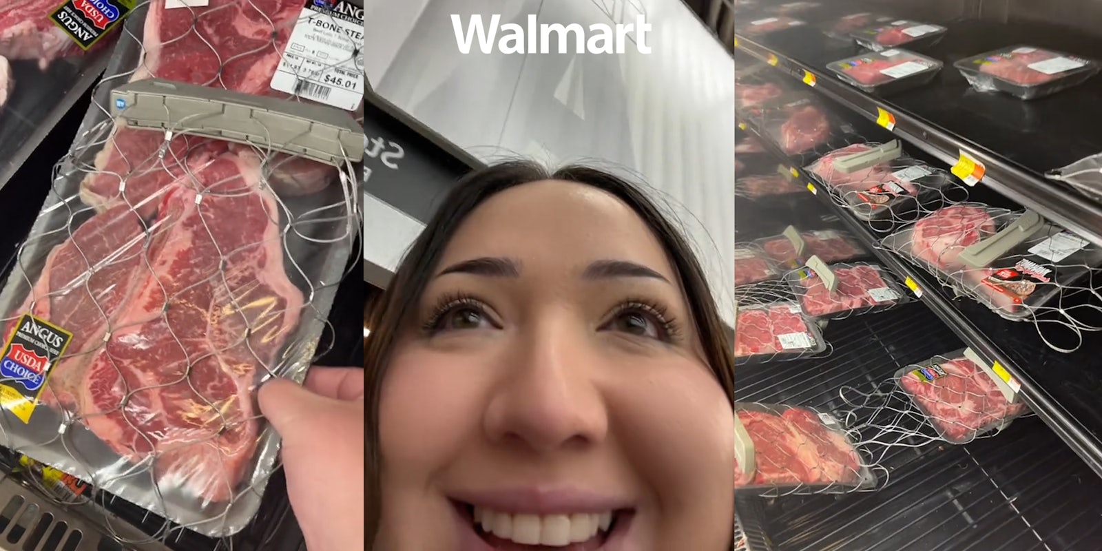 Walmart steak locked up in hand (l) Walmart customer with Walmart logo at top centered (c) Walmart meat display showing meat locked up (r)
