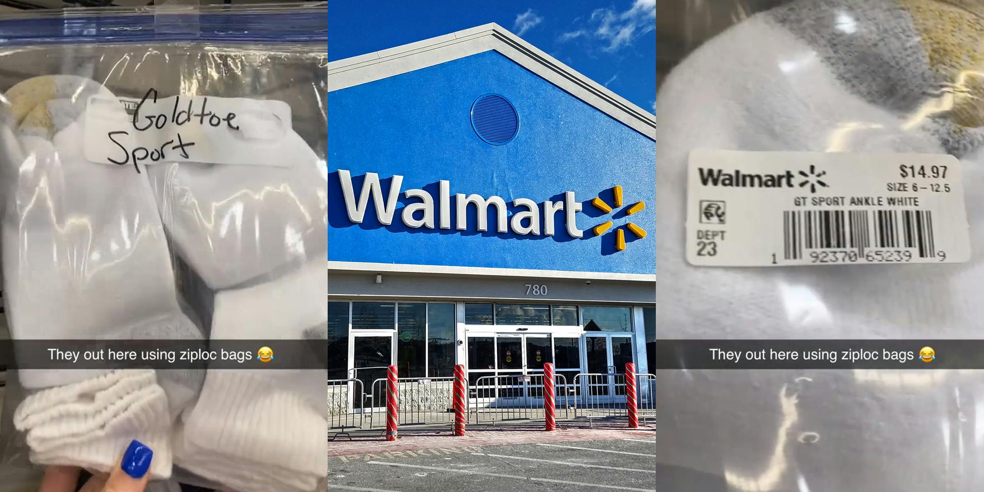 Walmart socks in ziploc bag hung on rack qith caption "They out here using ziploc bags" (l) Walmart building entrance with sign (c) Walmart socks in ziploc bag hung on rack qith caption "They out here using ziploc bags" (r)