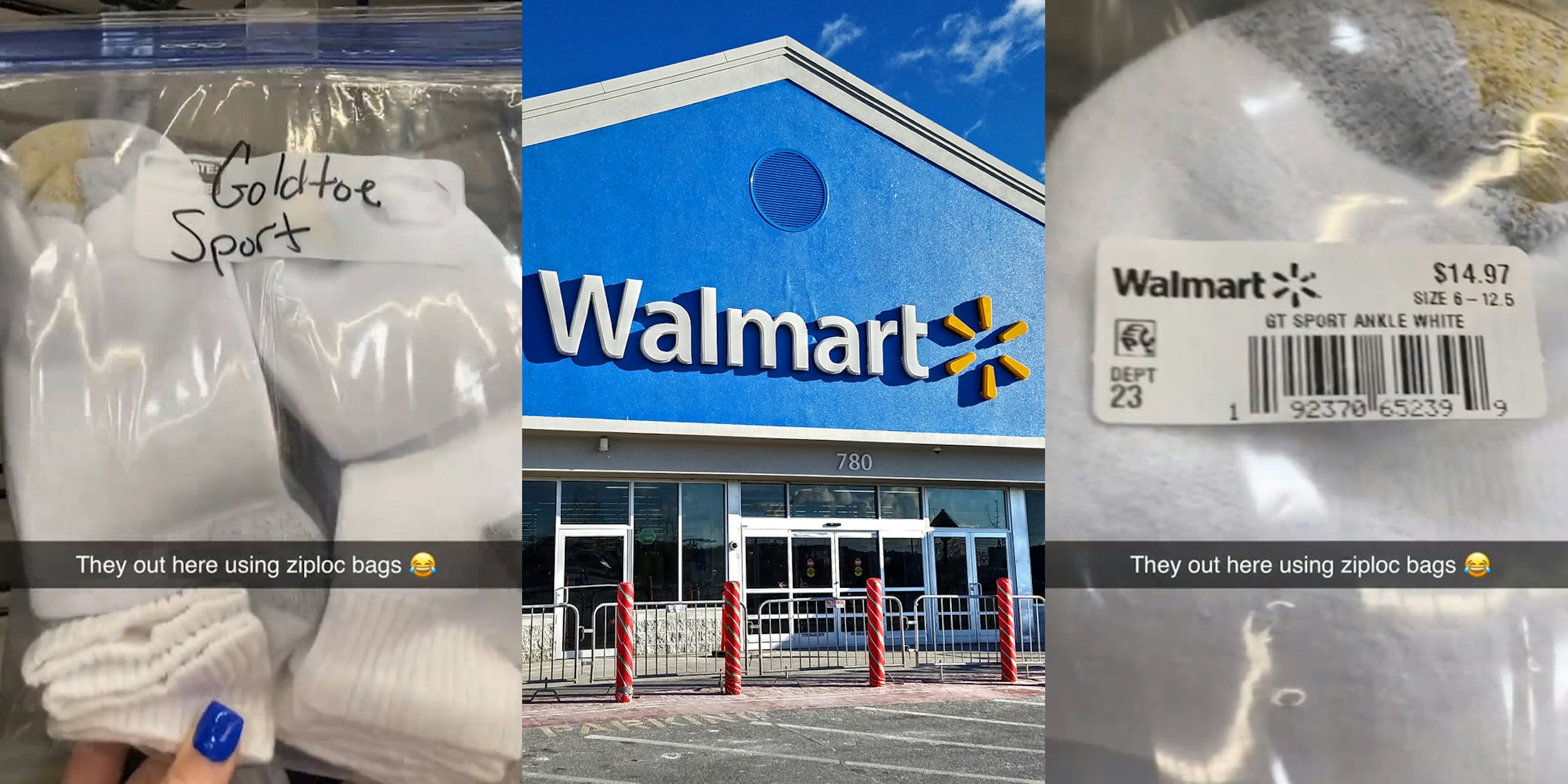 Walmart socks in ziploc bag hung on rack qith caption 'They out here using ziploc bags' (l) Walmart building entrance with sign (c) Walmart socks in ziploc bag hung on rack qith caption 'They out here using ziploc bags' (r)