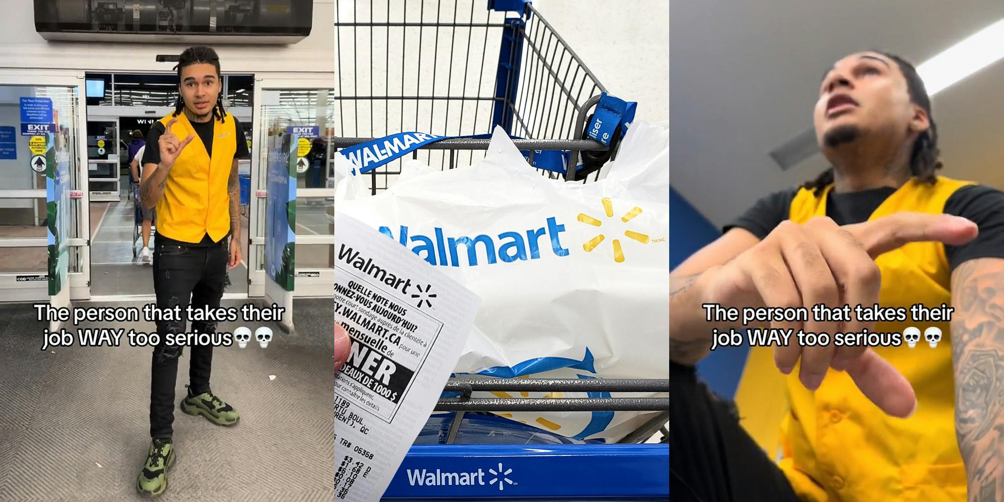 Walmart employee asking for receipt with caption "The person that takes their job WAY too serious" (l) Walmart shopper holding receipt with Walmart bag in cart (c) Walmart employee asking for receipt on top of shopper with caption "The person that takes their job WAY too serious" (r)