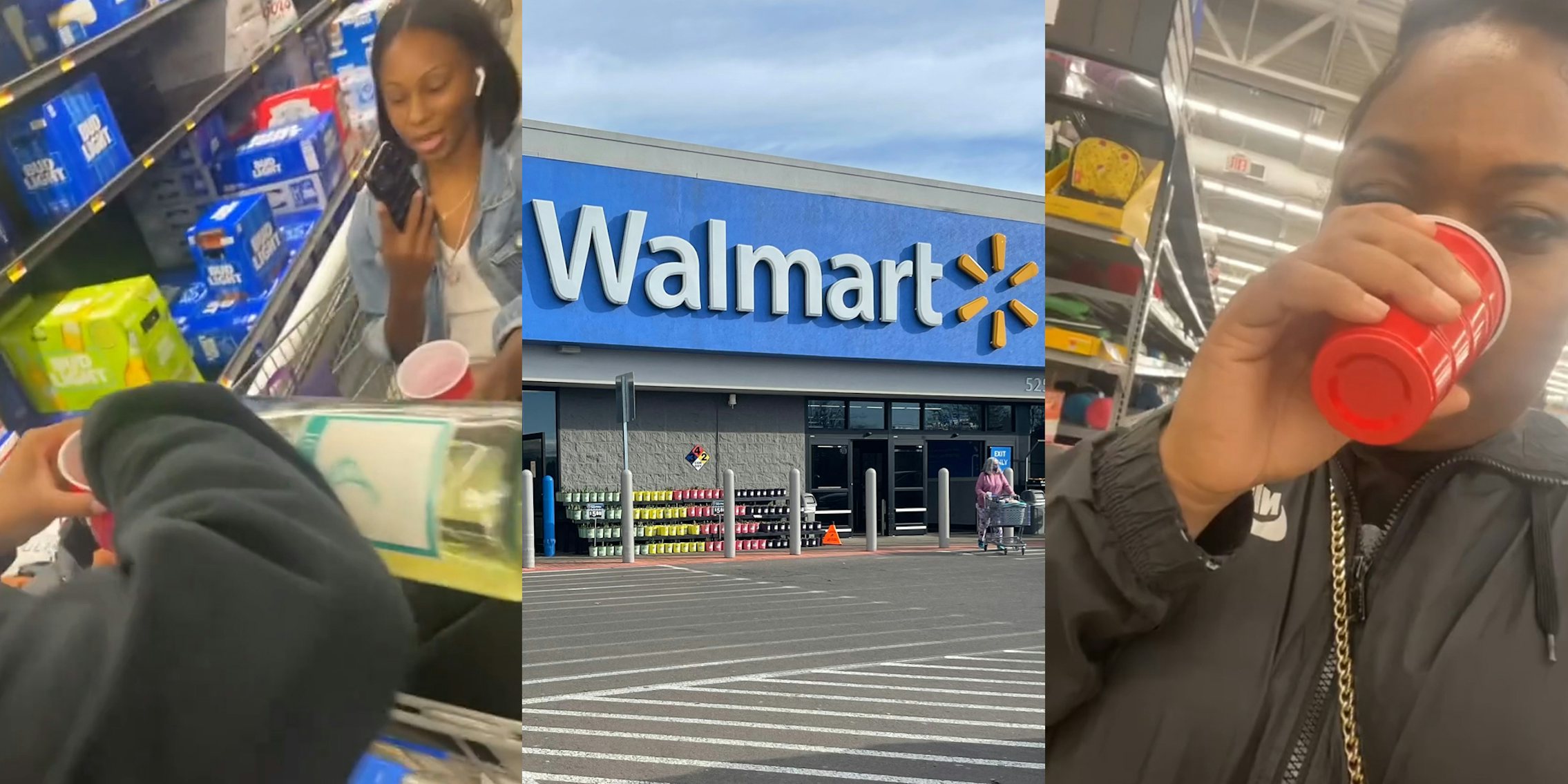 Walmart customers pouring wine into cups (l) Walmart sign on building (c) Walmart customer drinking (r)